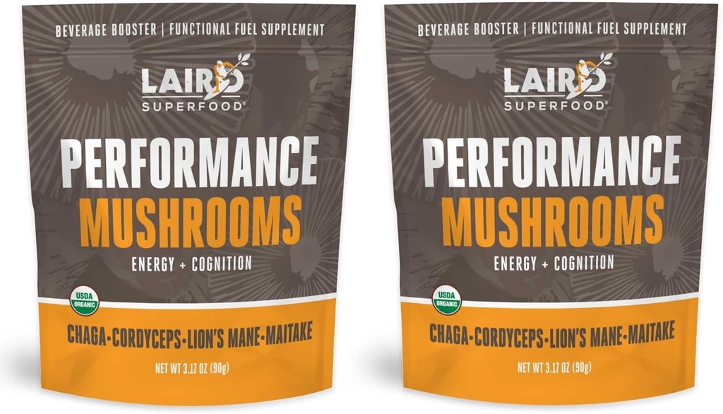 Superalimentación orgánica Laird Mushroom Blend con Chaga, Cordyceps, Lion's Mane y Maitake for Energy and Cognition, 3.17 oz. Bolsa, paquete de 2