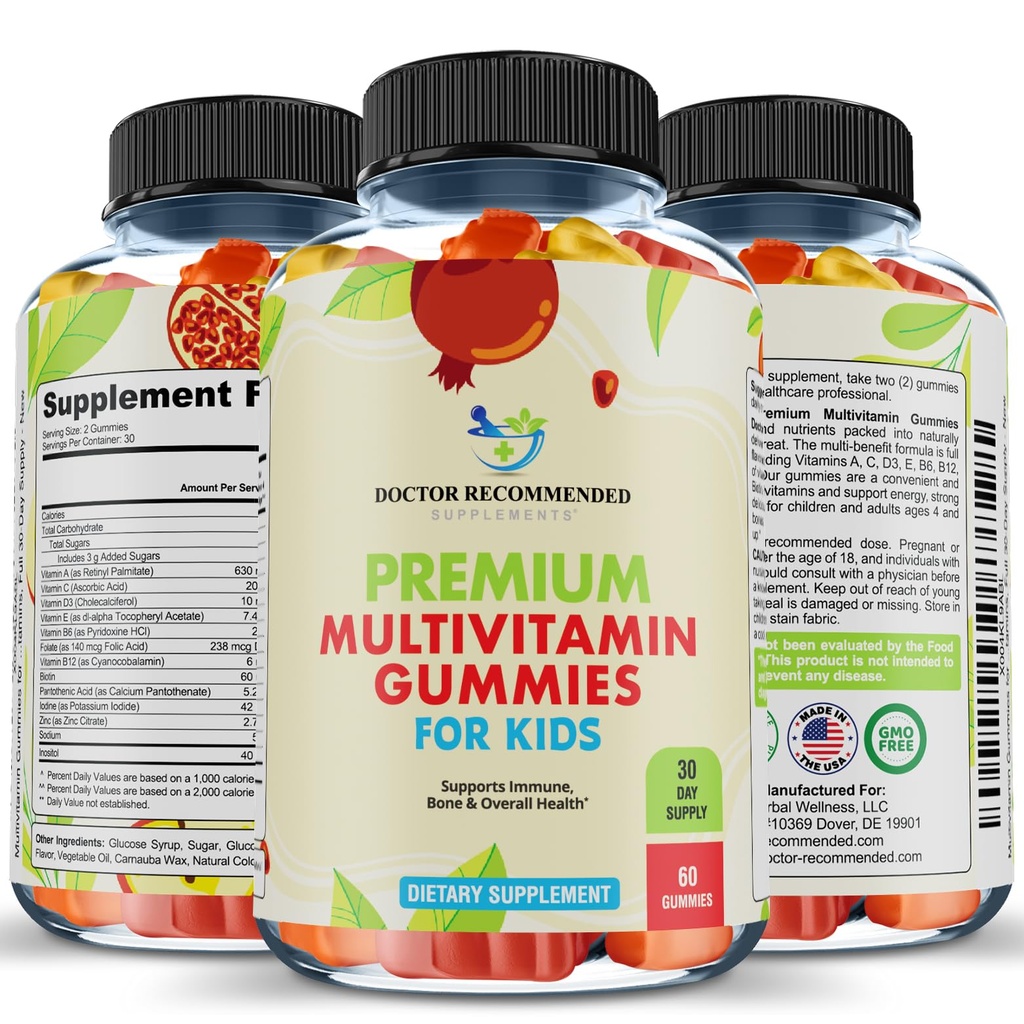 Gafas multivitamínicas Premium para niños pequeños y niños - Vitaminas diarias esenciales Chewable A, C, D3, E, B6, B12, Biotina - Sin dulces artificiales o de alta fructosa - 60 gomas, fuente de 30 días