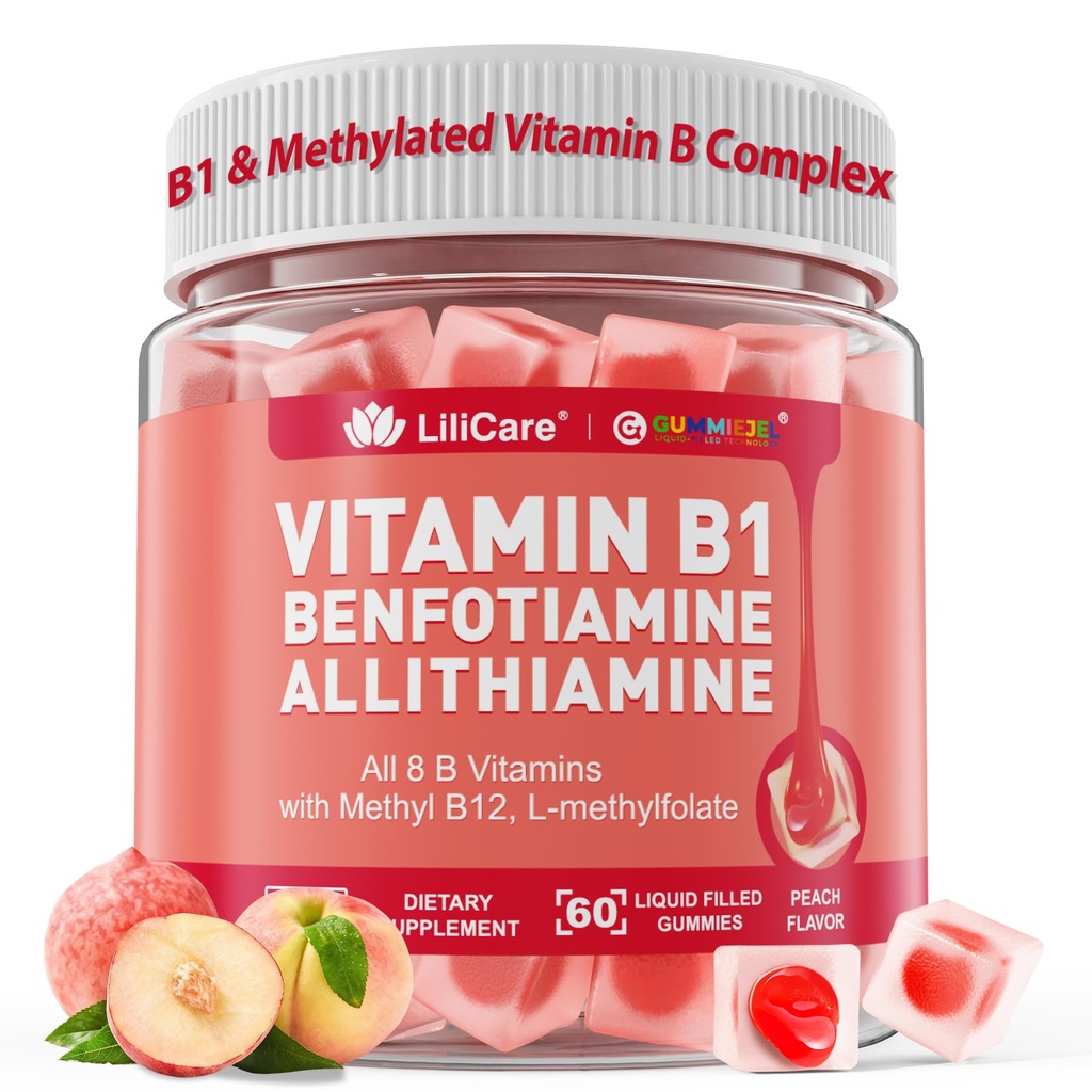 Vitamina B1 &amp; Metillated Vitamin B Complex Gummies - Todas las vitaminas B, Benfotiamine, Thiamine & Inositol, Methylated B1 B2 B6 Multivitaminas, L-methylfolate, Methyl B12 para Nerve Cognition Energy, 60 Cts