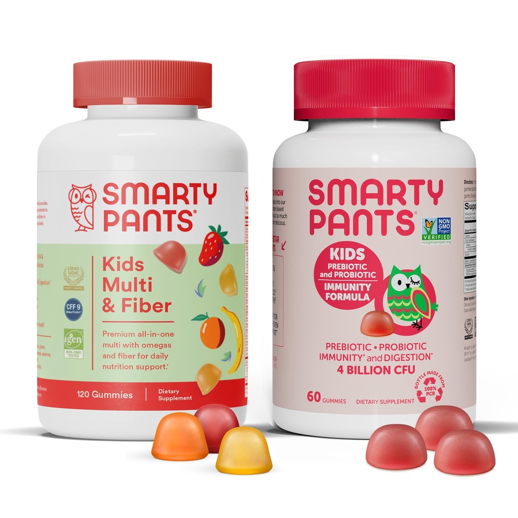 SmartyPants Kids Multivitamin Fiber Supplement Gummies and Probiotic Immunity Bundle: Omega 3 Fish Oil (EPA/DHA), Vitamina D3, C, Vitamina B12, B6, Digestive &amp; Immune Support Supplement (30 Day Supply)