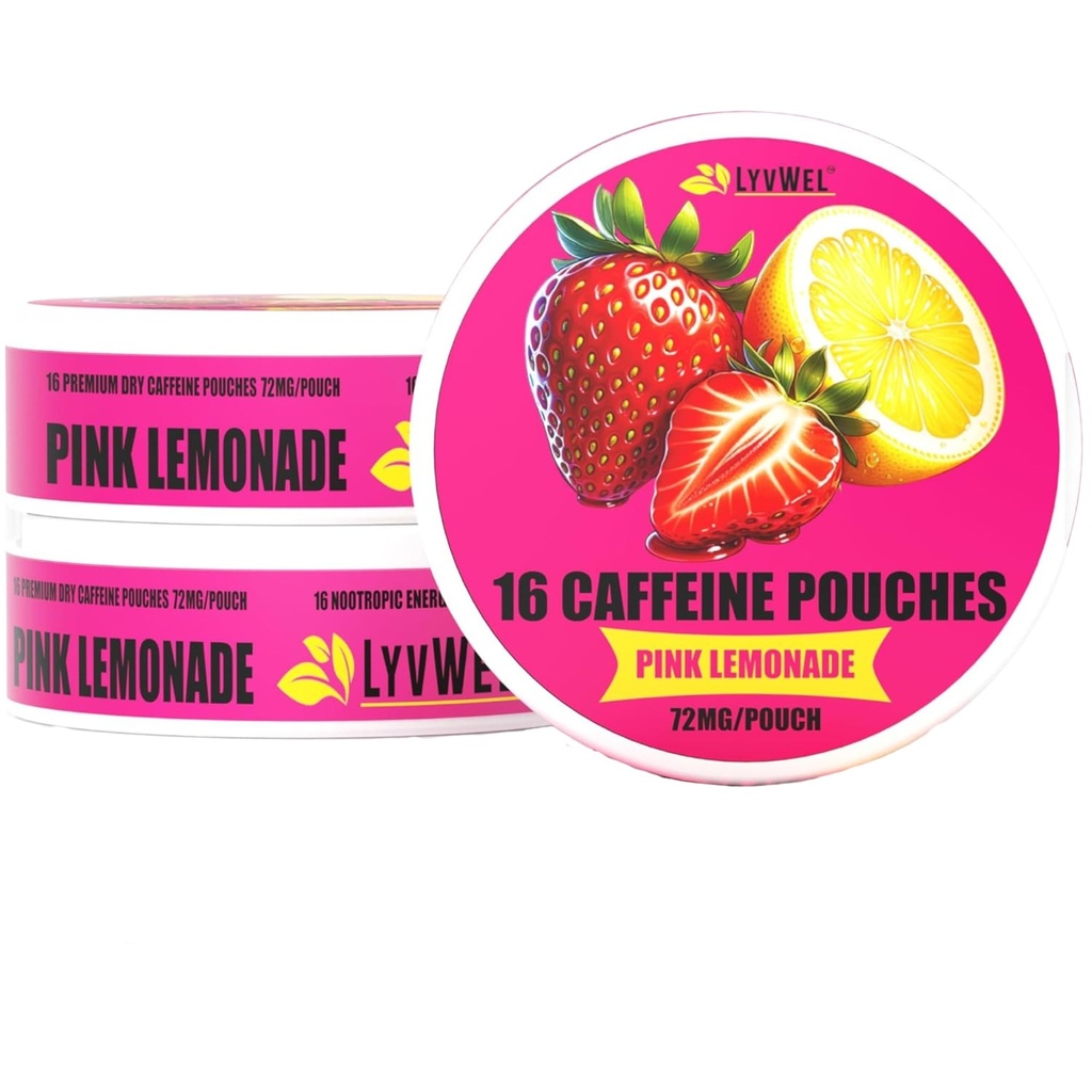 LyvWel 72mg Caffeine Energy Pouches ← Nootropic Focus " Neuro Support  3-Pack with 16 Pouches Per Can ← Tobacco-Free, Nicotine-Free, Quick Energy Solution (3 Pack, Pink Lemonade)