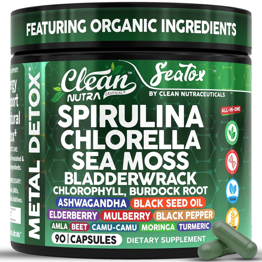 Sea Tox Organic Spirulina y Chlorella Capsules Natural Cleaning & Nourishment Sea Moss Bladderwrack Chlorophyll Burdock Root Ashwagandha Turmeric 90 Vegan Black Seed Oil Capsules By Clean Nutra