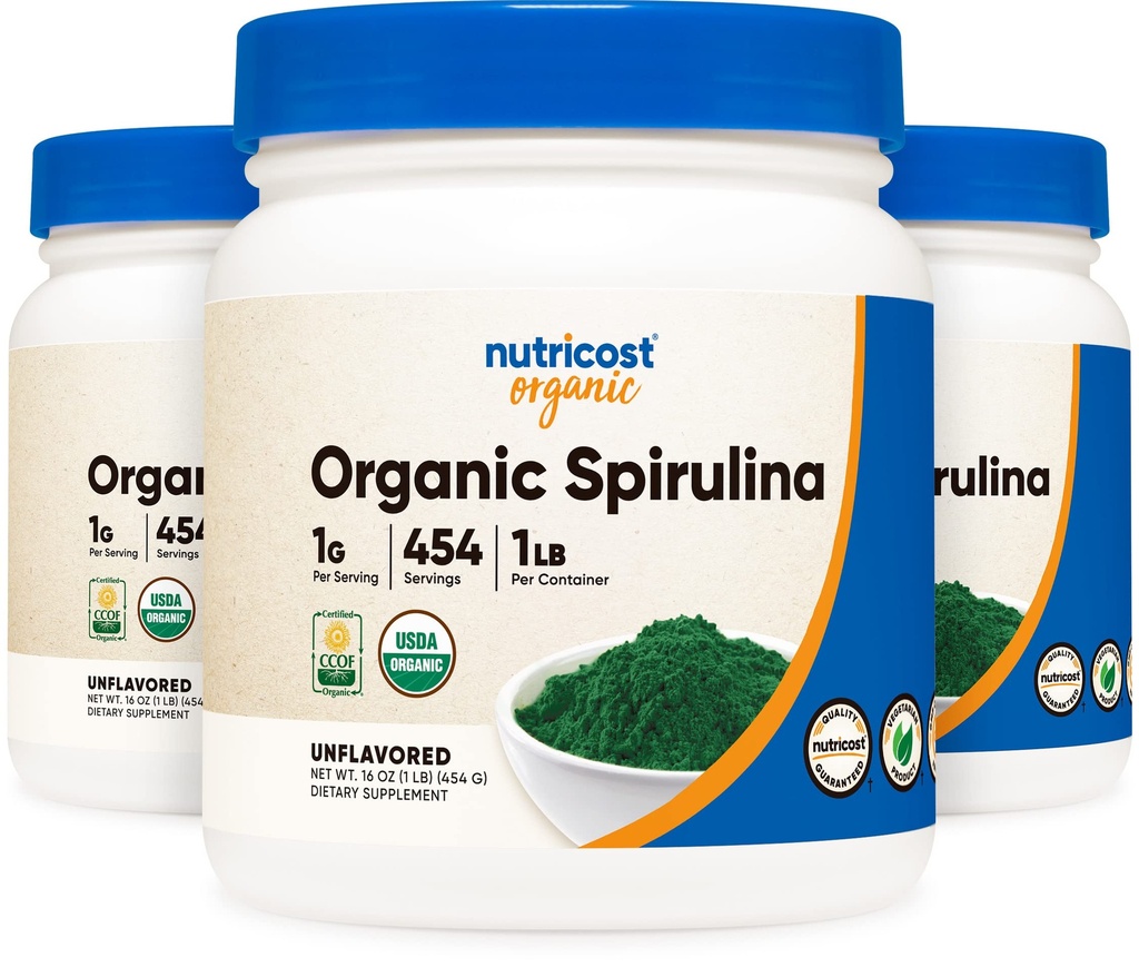 Nutricost Organic Spirulina Powder Unflavored, 1LB Container for 454 Servings (3 Bottles) - Vegan, GMO Free y Gluten Free