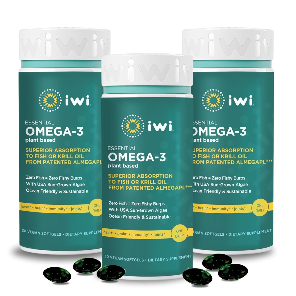 Iwi Omega-3 Essential, 90 Softgels (90 Servings), Alga de base vegetal Omega 3 con EPA + DHA, Brain, Heart &amp; Immune Support Suplemento dietético, Krill " Fish Oil Alternative, No Fishy Aftertaste