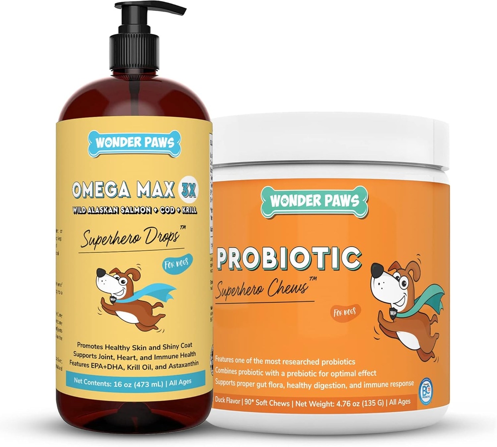 WONDER PAWS Omega Max Fish Oil Plus Probiotic Chews - para la salud mixta del perro, la movilidad de la piel, la salud del Gut & Daily Wellness - Omega Max 16 Ounces - Probiotic 90 Chews