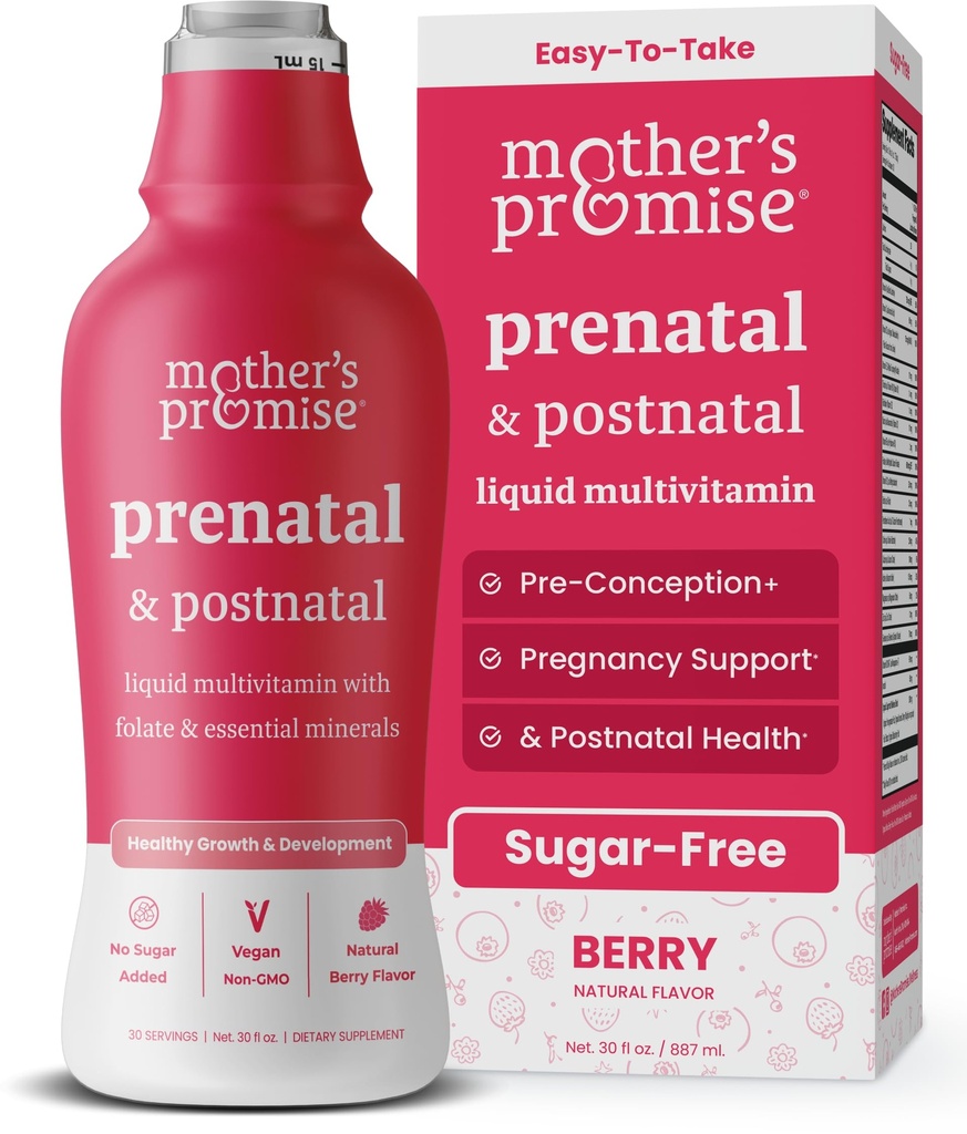 Promesa de la madre Prenatal &amp; Postnatal Multivitamínico para Mujeres TENIDO Vitaminas Prenatales Líquidas Libres para Mujeres con Folato, Choline &amp; Frutas Orgánicas para Preconcepción, Embarazo &amp; Enfermería