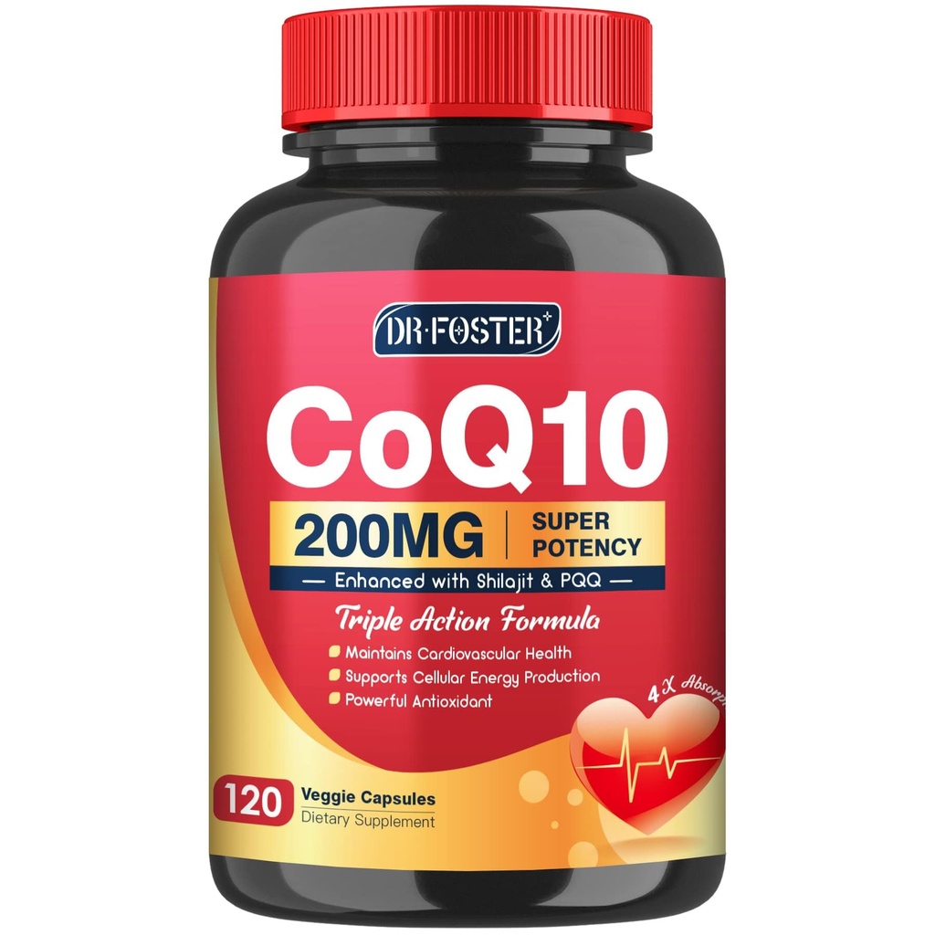 CoQ10 200 mg con PQQ & Shilajit - Alta absorción con bioperina Coenzima Q10 Suplementos - Potencial antioxidante para la salud del corazón y la producción de energía - 120 cápsulas vegetales