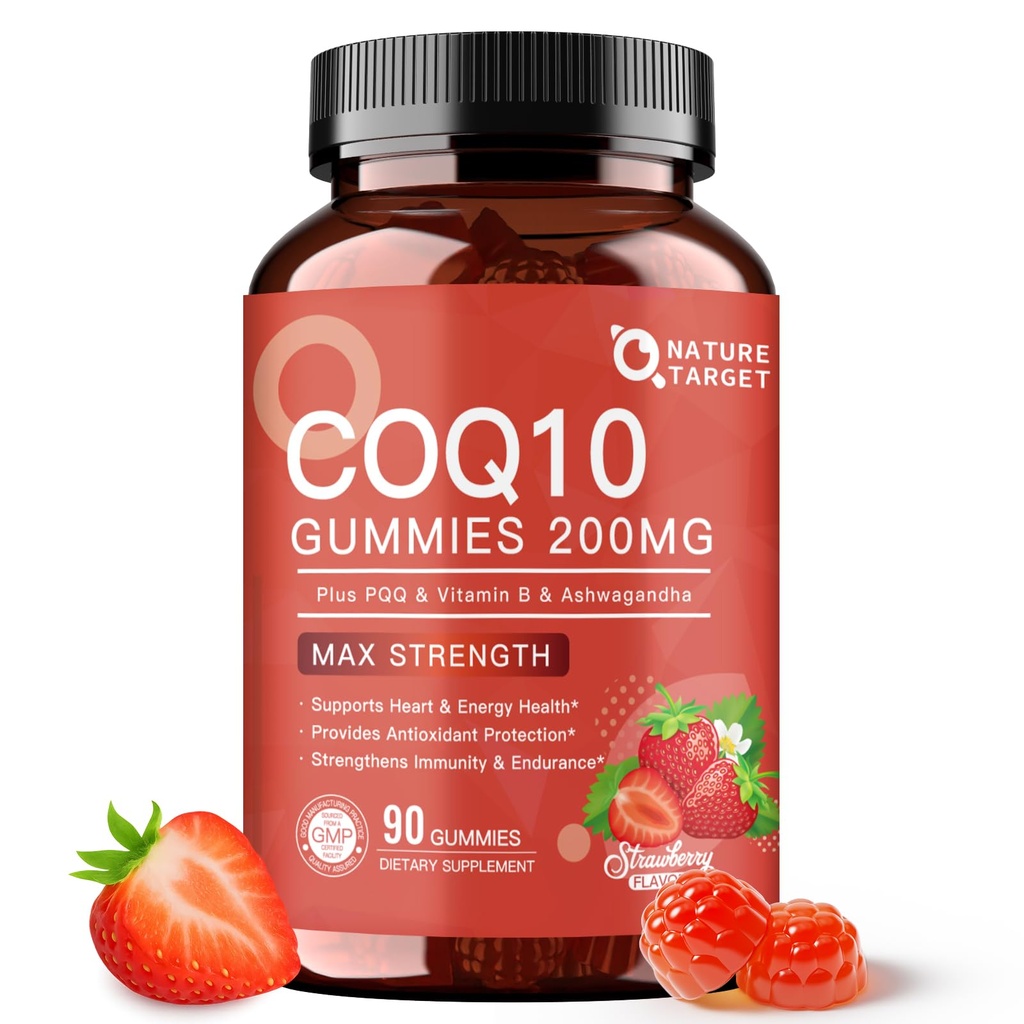 NATURE TARGET CoQ10 Gummies 200mg – High Absorption Coenzyme Q10 Suplementos para el Corazón, Energía y Antioxidante con PQQ,Zinc &amp; Ashwagandha, Sabor de Fresa, 90 Conde