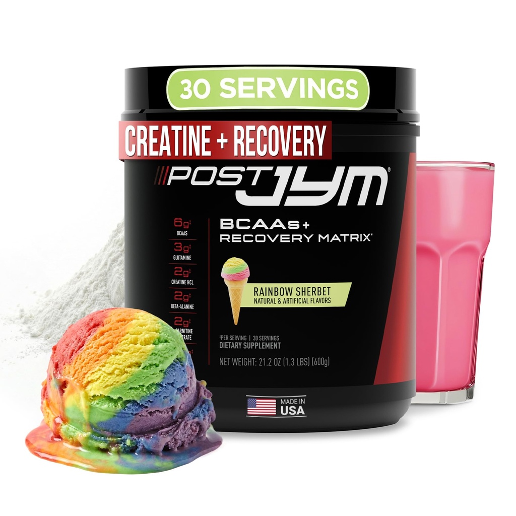 JYM Supplement Science Post JYM Active Matrix Rainbow Sherbet Amino Recovery Powder Pure Creatine HCL, BCAA, Glutamine, Carnitine, Betaine, Taurine for Strength, Repair, Performance 30 Servings