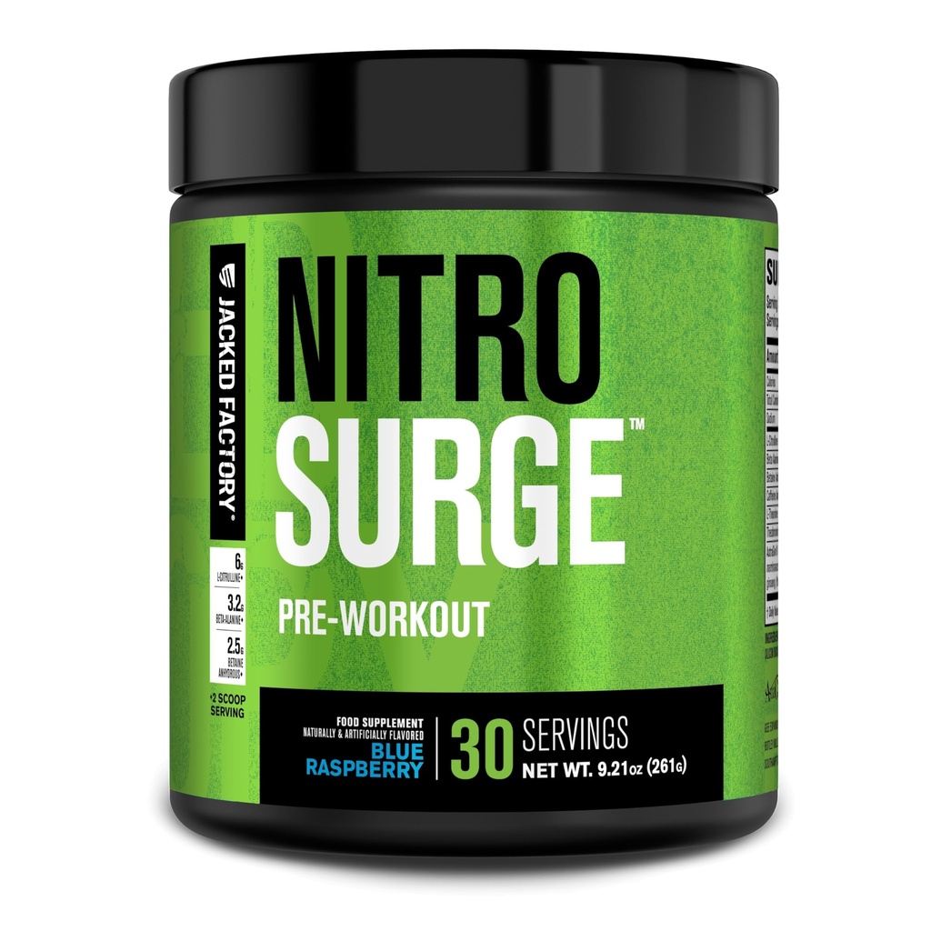 Jacked Factory NITROSURGE Pre Workout Suplemento - Energy Booster, Instant Strength Gains, Clear Focus &amp; Intense Pumps - NO Booster &amp; Powerful Preworkout Energy Powder - 30 Servings, Blue Raspberry