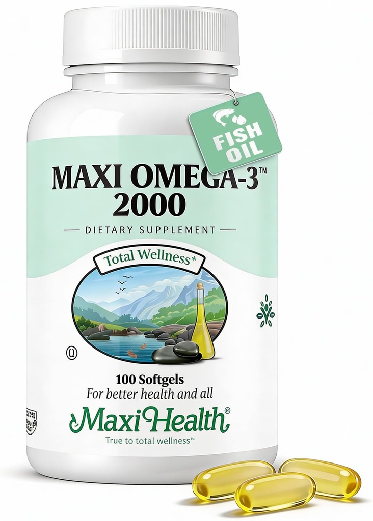 Maxi Health Omega 3 Fish Oil 2000mg – Fish Oil Omega 3 Suplementos con No Fishy Aftertaste – Triple Fuerza EPA DHA – Kosher Omega3 Suplemento para ayudar a apoyar el bienestar general (100 Softgels)