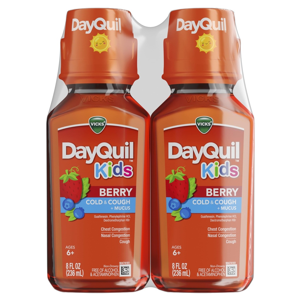 Vicks Kids DayQuil Berry Cold ' Cough Medicine Co-Pack, Daytime Relief of Multiple Symptom, Great-Tasting Berry Flavor, Free of Alcohol &amp; Acetaminophen, For Ages 6+, 2x8oz