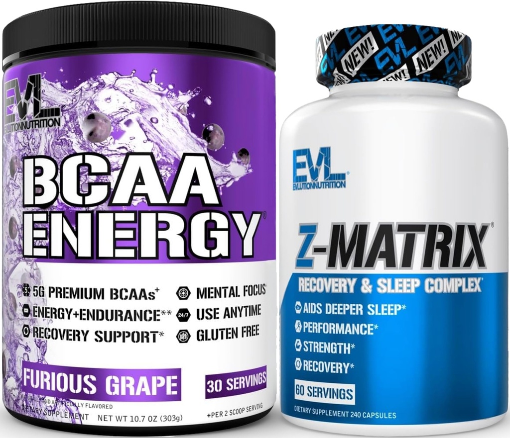 Evlution ZMatrix Magnesium and Zinc Post Workout Supplement (60 Servings) Plus Replenishing BCAAs Amino Acids Powder for Pre ' Post Workout (Grape, 30 Servings)