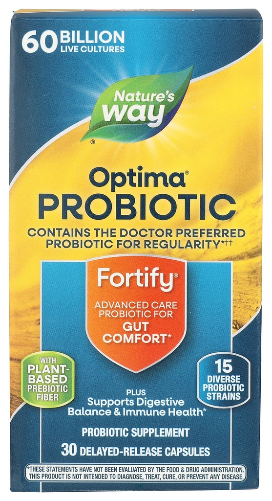 Camino de la Naturaleza Fortalecer Optima Probiótico para Adultos, 60 Billones Culturas en vivo, 15 Strains, Gut Comfort*, Apoya Equilibrio Digestivo y Salud Inmune*, Mantener refrigerado, 30 cápsulas (Paquete Mayo Vary)