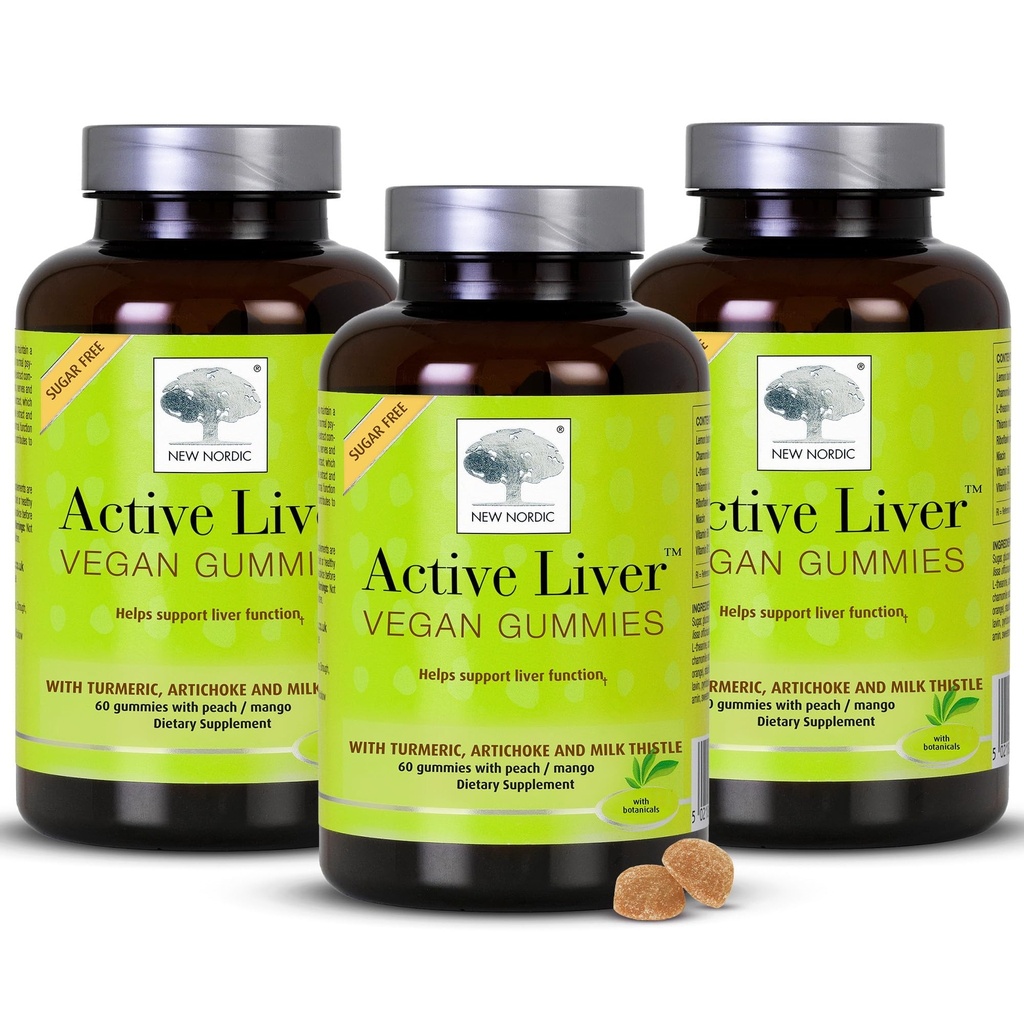 New Nordic Active Liver Gummies, Milk Thistle, Artichoke & Turmeric Supplement, Natural Peach & Mango Flavor, Sugar Free & Vegan, 60 Conde (Pack of 3)