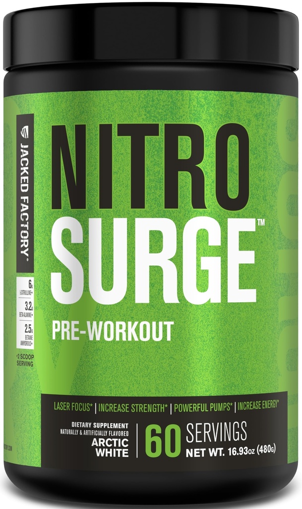 Jacked Factory NITROSURGE Pre Workout Suplemento - Endless Energy, Instant Strength Gains, Clear Focus, Intense Pumps - NO Booster &amp; Powerful Preworkout Energy Powder - 60 Servings, Arctic White