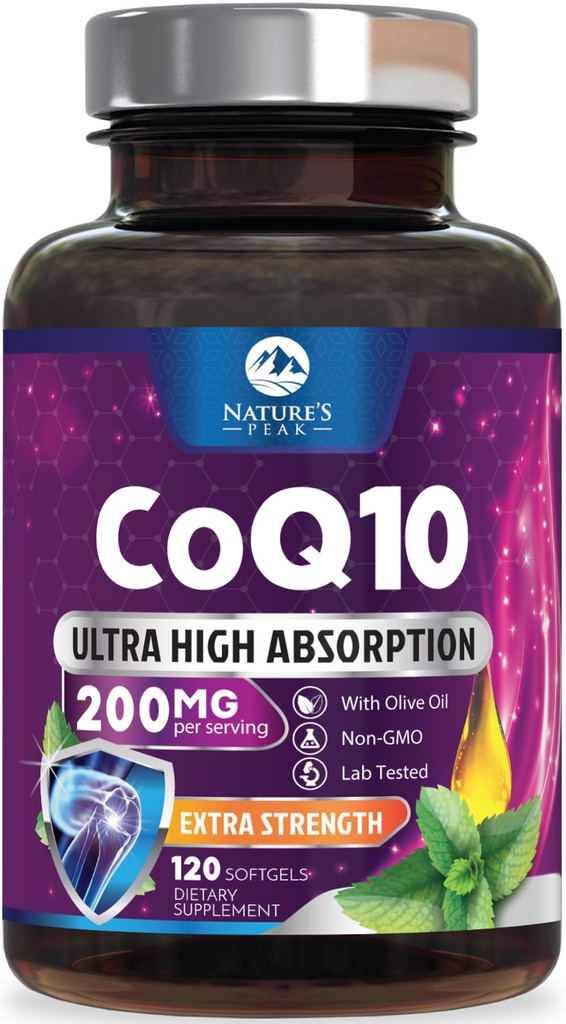 CoQ10 Softgels - Ultra Alta Absorción Coenzima Q10 200mg Por Serving - Co Q 10 Softgel Suplemento Con Pepper Negro, Energía y Apoyo al Corazón Antioxidante - para Hombres, Botellado EE.UU. - 120 Softgels