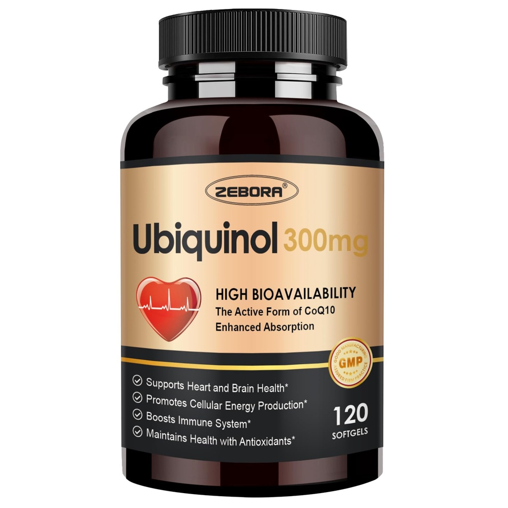 ZEBORA Ubiquinol CoQ10 300mg Softgels, 4-en-1 Potente antioxidante para el corazón y la salud vascular, Esencial para la producción de energía, Max Absorción Forma activa de CoQ10, 120 Softgels