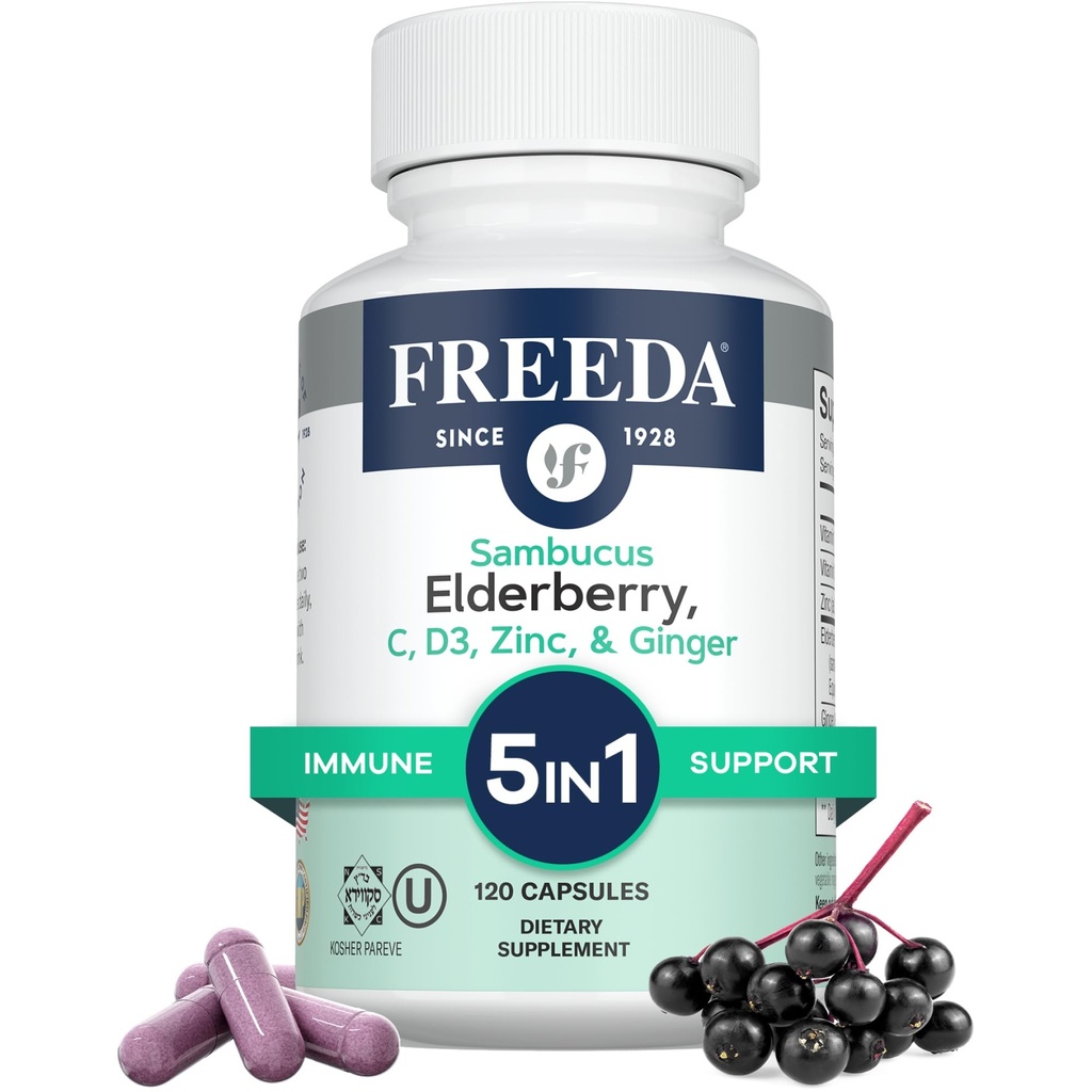 FREEDA Sambucus Elderberry with Vitamin C, Zinc, Vitamin D3 & Ginger - 5 in 1 Herbal Antioxidant Immune Support Supplement for Women &amp; Men - Gluten Free Adult Elderberry Capsules, USA Made (120 Count)