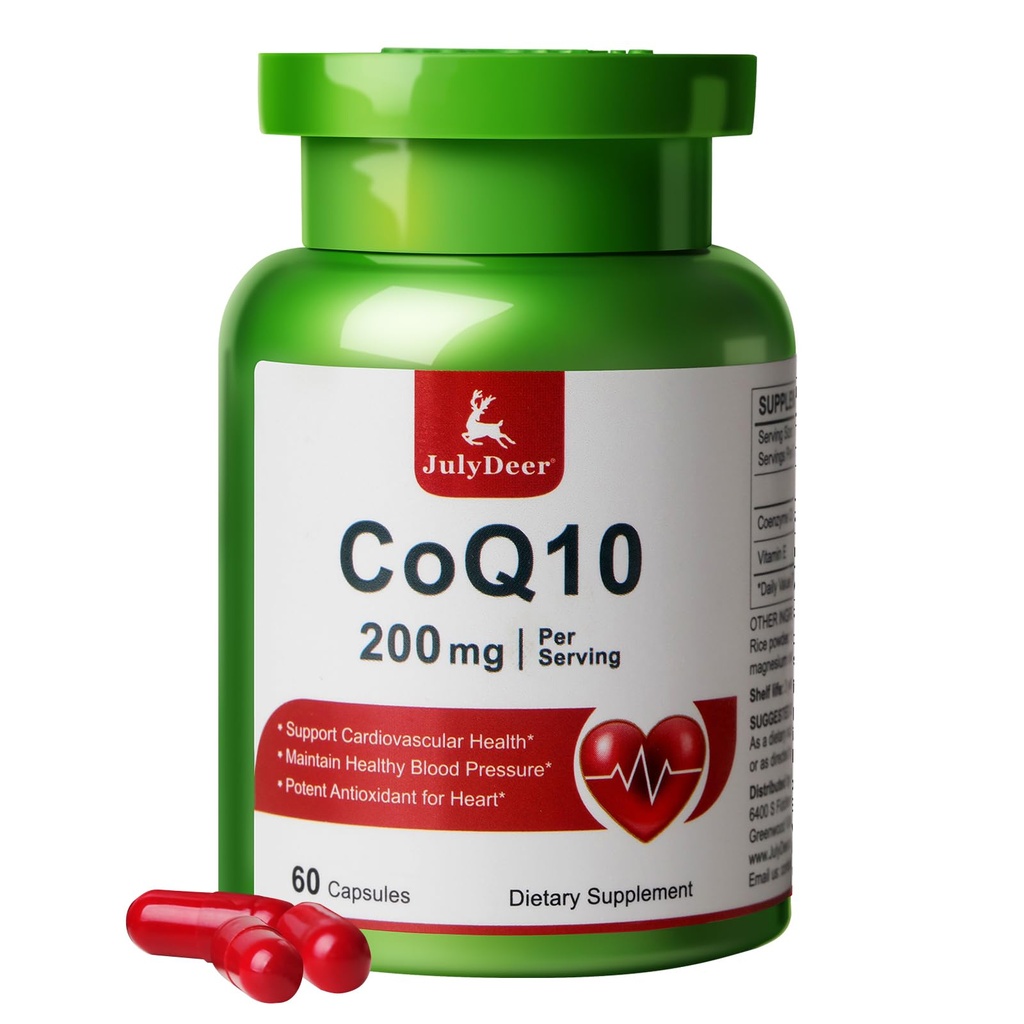 JulioDeer CoQ10 200mg con vitamina E 20mg, alta absorción antioxidante Coenzima Q10 Apoyo para el corazón, energía, suplemento general de salud 60 cápsulas