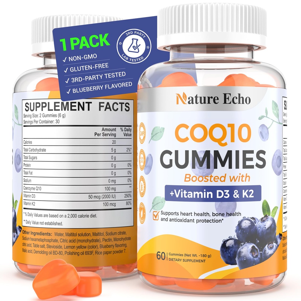 Natural Echo® CoQ10 Gummies 100mg, CoQ10 Suplemento con vitamina D3 & K2, Coenzyme Q10 Suplemento Blueberry Flavor, Azúcar Libre, Salud del Corazón, Soporte de Huesos & Antioxidante, Vegano, No GMO 60 Gummies
