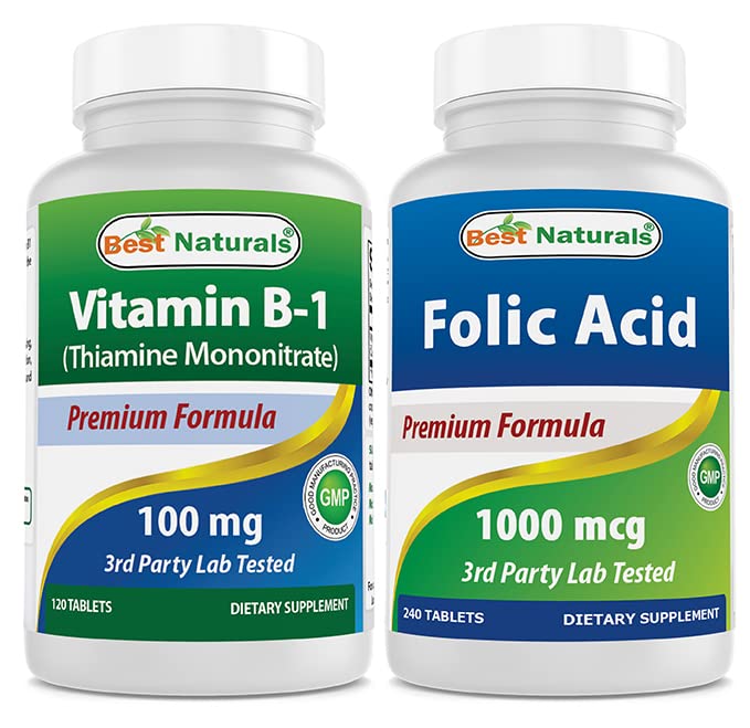 Mejores Naturales Vitamina B1 como Mononitario de Thiamine 100 mg &amp; Ácido Fólico 1000 mcg