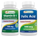 Mejores Naturales Vitamina B1 como Mononitario de Thiamine 100 mg &amp; Ácido Fólico 1000 mcg