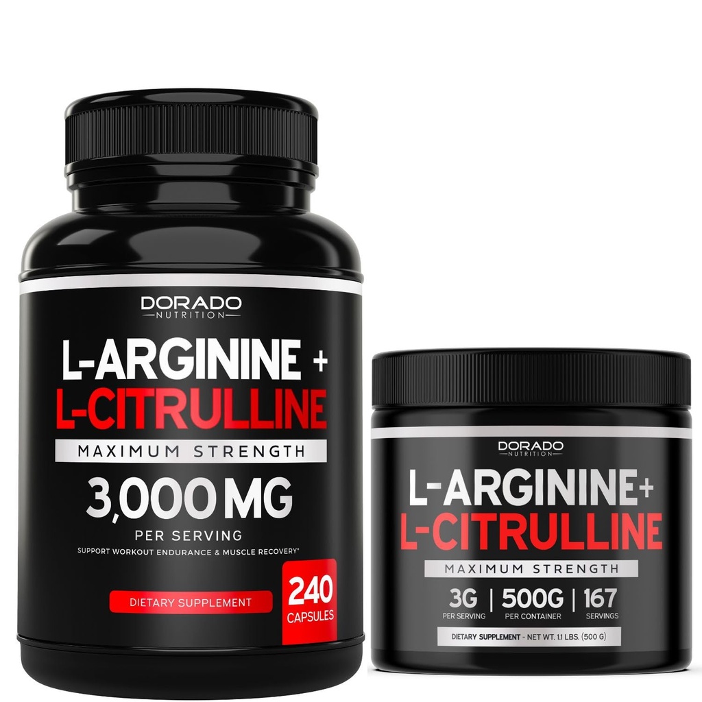 L Arginine L Citrulline (240 Conde) - Píldora de óxido nítrico para resistencia y resistencia L Arginine L Citrulline Powder (3g) - Pólvora de óxido nítrico para rendimiento y resistencia - Vegan &amp; USA Made
