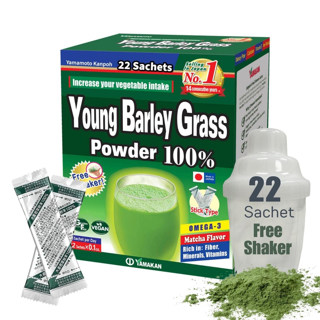 Yamamoto Kanpoh YAMAKAN Barley Grass Juice Powder, Young Barley Grass Powder Rich en Minerales, Vitaminas &amp; Proteína de base vegetal para Hombres Mujer, Grass Juice de Japón, No GMO 22 Conde