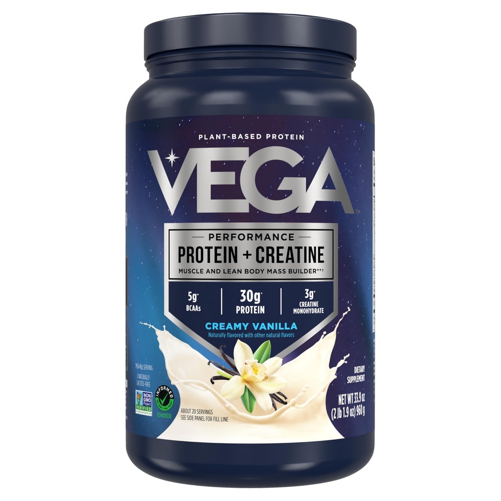 Vega Proteína + Creatina - 30g Proteína de base vegetal, Vainilla, 20 Servings, 3g Creatine, 5g BCAAs, Vegan, Keto, Gluten Gratis, Dairy Free, Low Carb, for Muscle Growth & Reparación, Drink Mix, 33.9oz