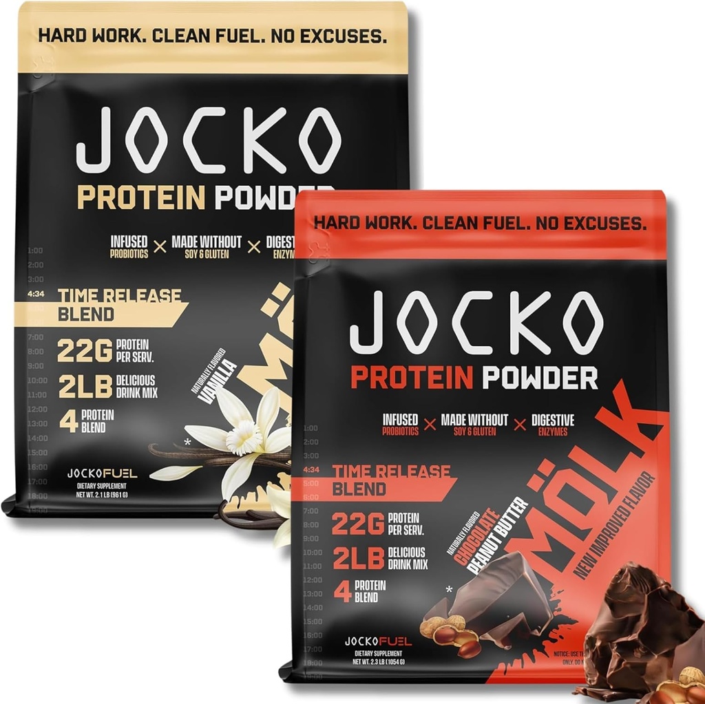 Jocko Fuel Protein Bundle (2 Pack) - Chocolate Peanut Butter (2lb) + Vanilla (2lb) - Apoyos Muscle Recovery &amp; Growth