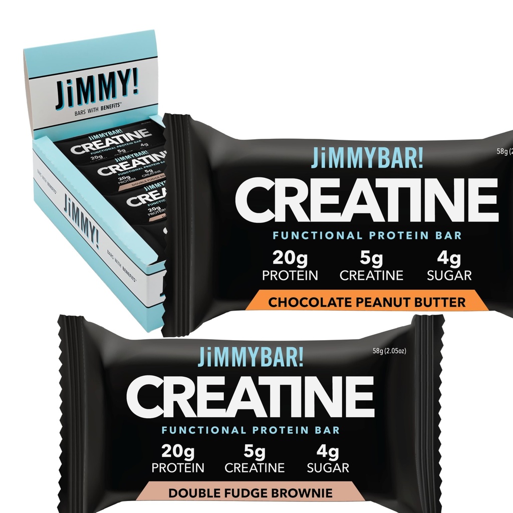 JiMMYBAR! Creatine Protein Bar - 5g of Creatine Monohydrate + 20g Protein - High Protein Snack - Supports Muscle Growth, Strength & Recovery - Real Food Energy Bar for Athletes  6 Chocolate Peanut Butter + 6 Fudge Brownie Variety Pack (12 Bar)