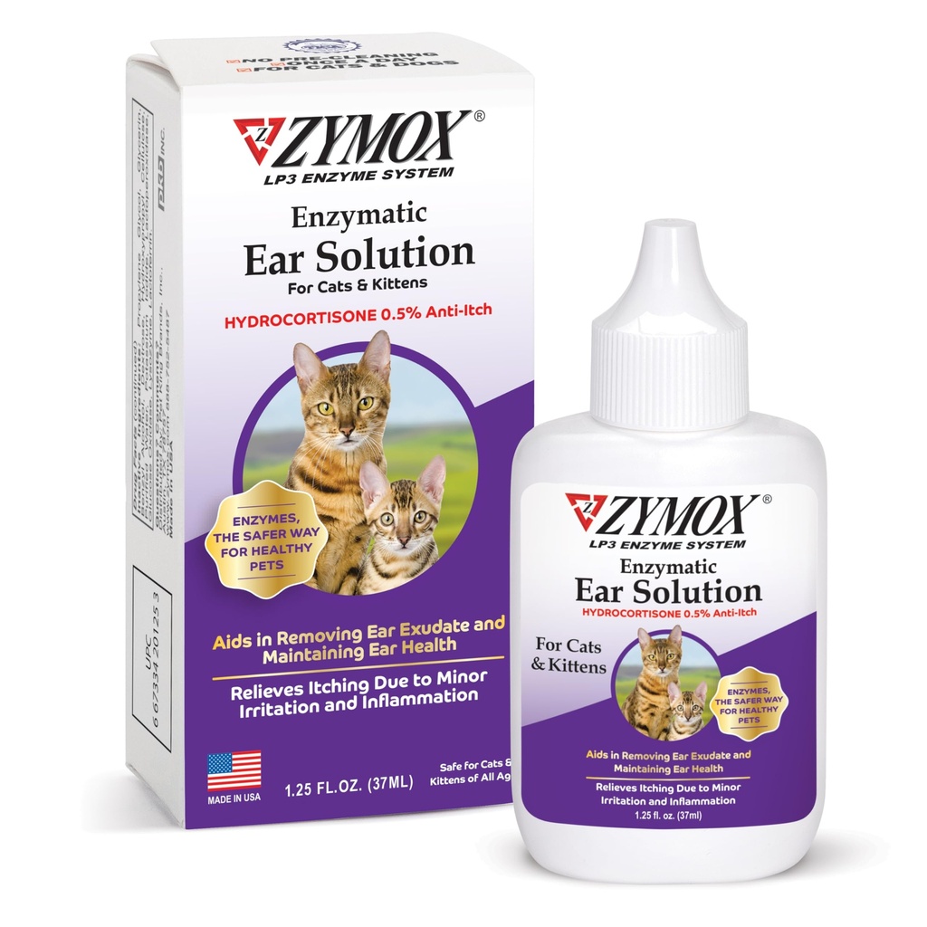 Zymox Solución enzimática del oído con 0,5% de hidrocortisona para gatos & gatitos, 1,25 oz. – Limpia " Refresca el canal del oído para el alivio de la cera, la acumulación de la plaga, la irritación, la inflamación "