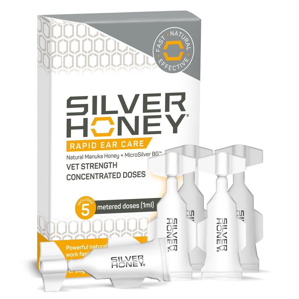 Absorbina Silver Honey Rapid Ear Care Vet Strength Concentrated Doses, 5 Ear Drops for 10 Days on 1 Ear for Dogs & Cats, Medical Grade Manuka Honey & MicroSilver BG