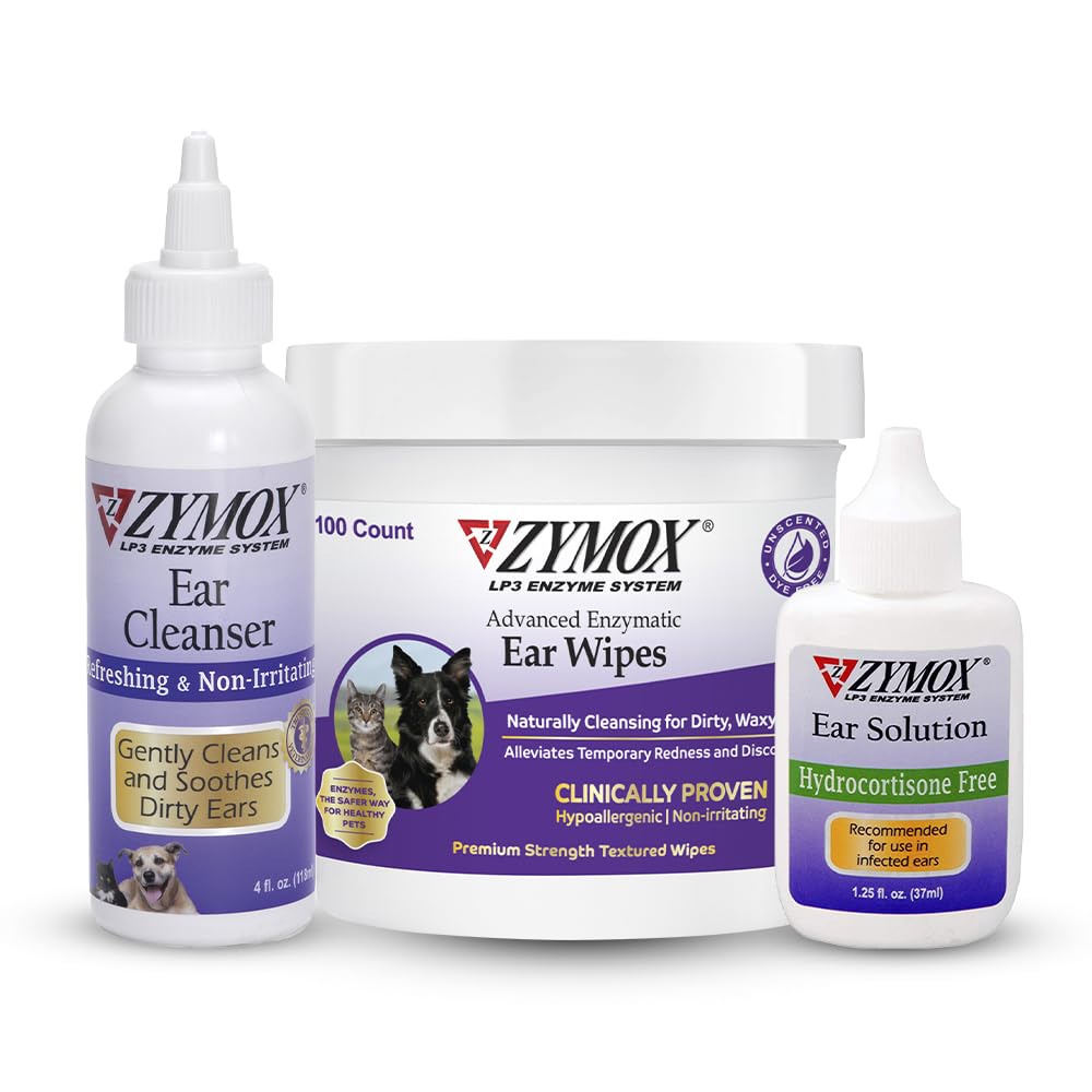 Zymox Enzymatic Ear Wipes, Ear Cleanser, " Ear Solution Without Hydrocortisone for Dogs and Cats - Product Bundle - for Dirty, Waxy, Smelly Ears and to Soothe Ear Infections