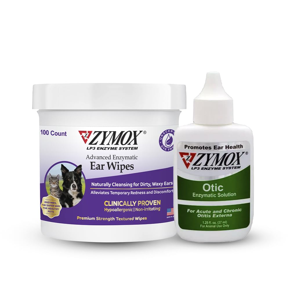 PET KING BRANDS ZYMOX Enzymatic Ear Wipes & Otic Solution Hydrocortisone Gratis para perros &amp; gatos - Product Bundle - for Dirty, Waxy, Smelly Ears &amp; Soothe Infections, 100 Cuenta Wipes &amp; 1.25oz Botella