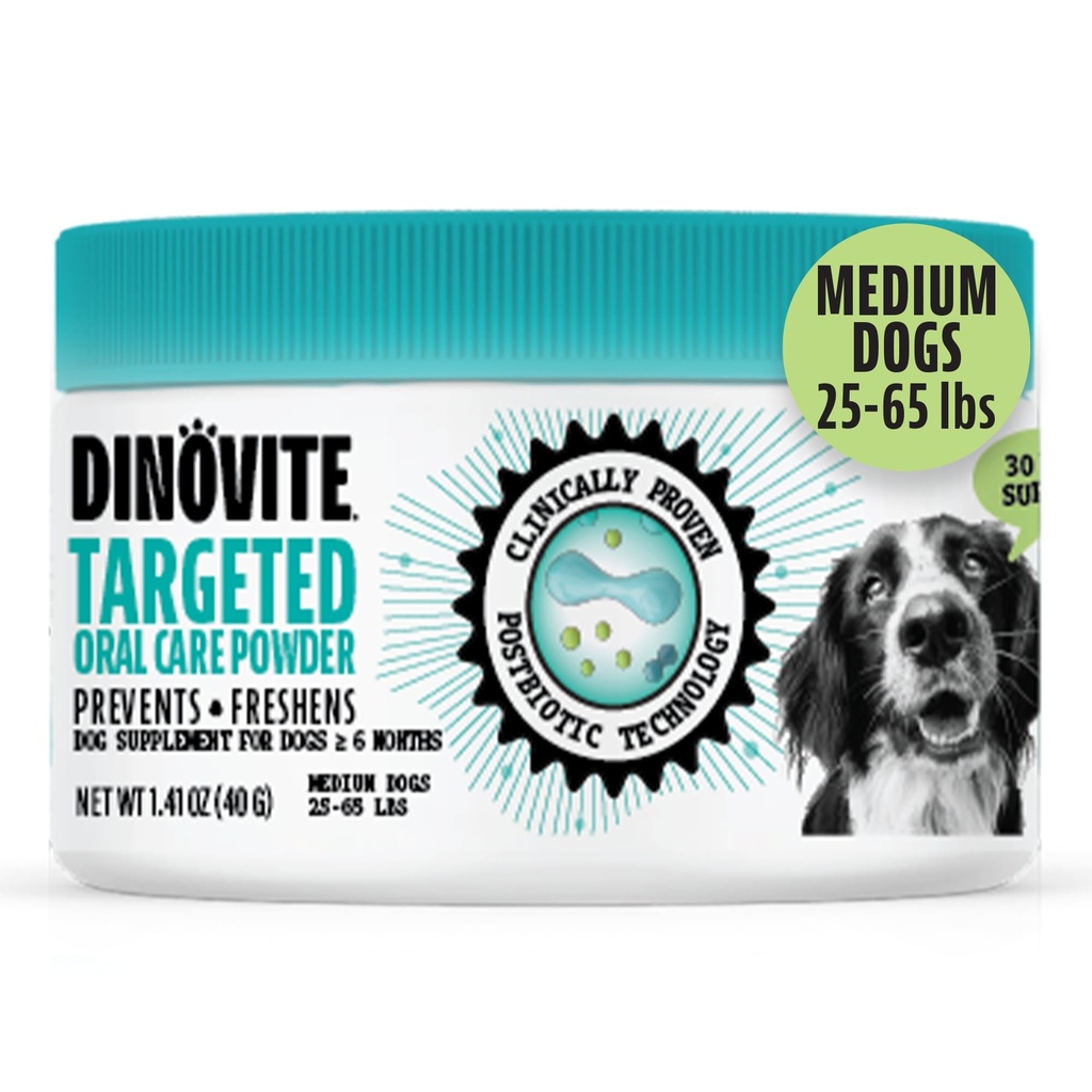 Dinovite Dog Dental Powder, Brush-Free Breath Freshener " Teeth Cleaning Dental Care Powder with Probiotics " Postbiotics, Oral Care Bad Breath Treatment, Medium Dogs, Made in USA, 30 Day Supply