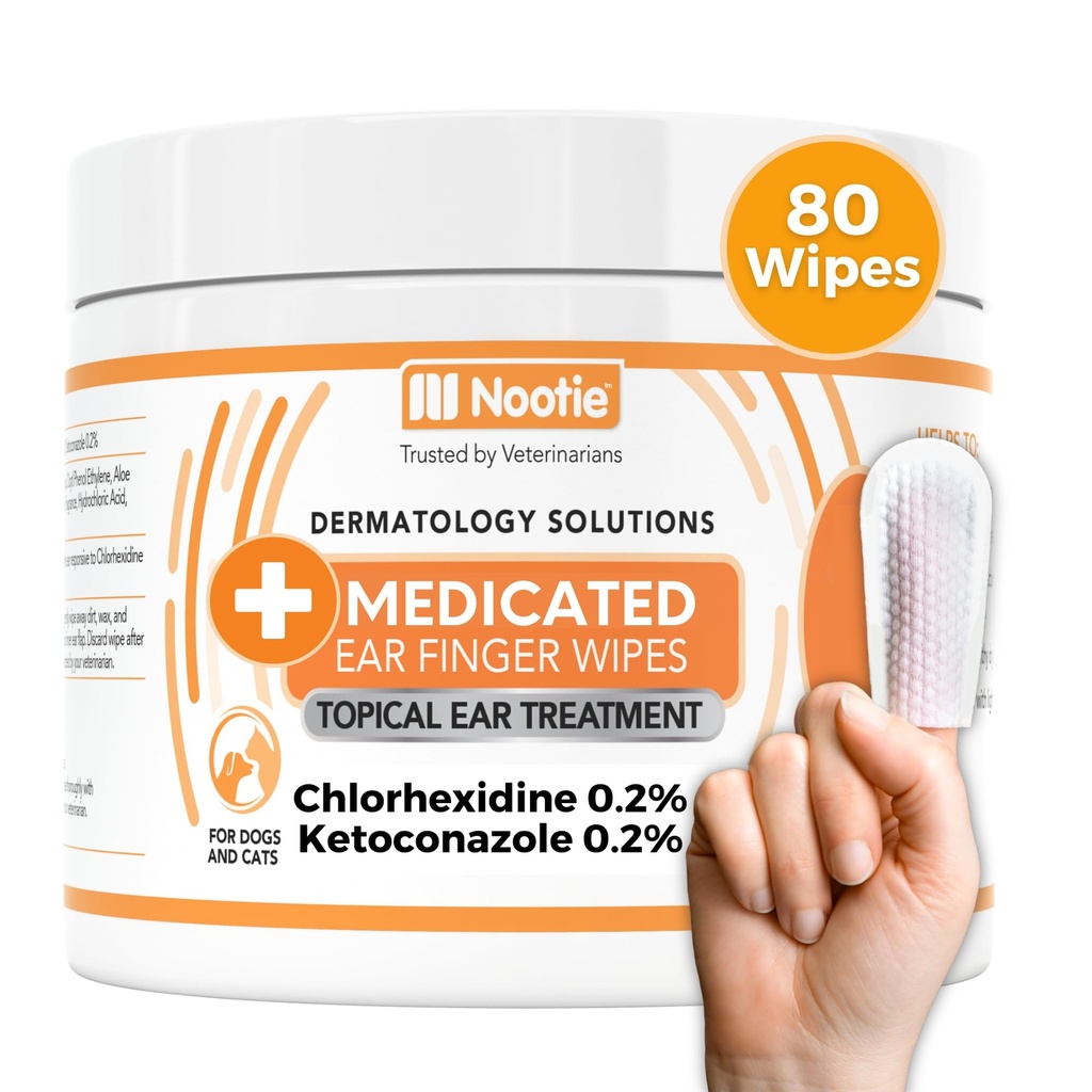 Nootie Medicated Ear Finger Wipes with Chlorhexidine for Dogs, Gentle Dog Ear Cleaning Wipes for Itchy, Sensitive Ears - Helps Remove Wax, Dirt Buildup, " Odor 80 Wipes - Made in USA