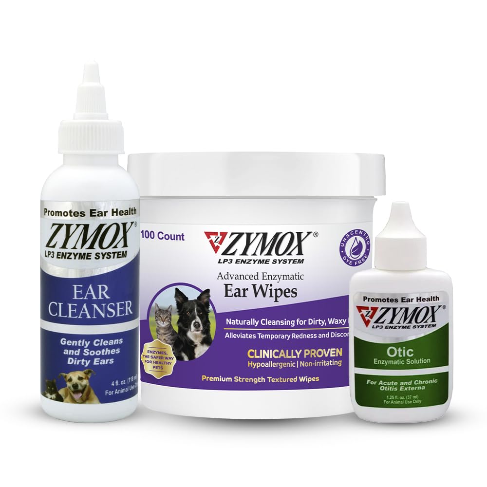 PET KING BRANDS ZYMOX Enzymatic Ear Wipes, Ear Cleanser, " Otic Ear Solution for Dogs and Cats - Product Bundle - for Dirty, Waxy, Smelly Ears and to Soothe Ear Infections, 100 ct, 4 oz y 1.25 oz