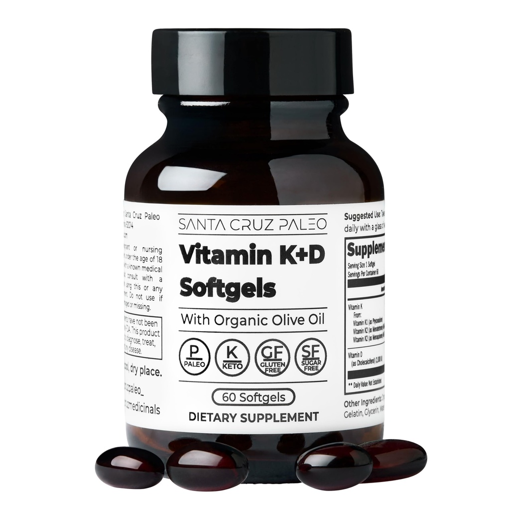 Santa Cruz Paleo Vitamina K2 + D3 Softgels, Suplemento diario con aceite de oliva orgánico, incluye vitamina K1 &amp; Dos formas de K2, soporta la salud del corazón " , sin gluten, sin azúcar, Paleo, Keto, 60 Cuenta