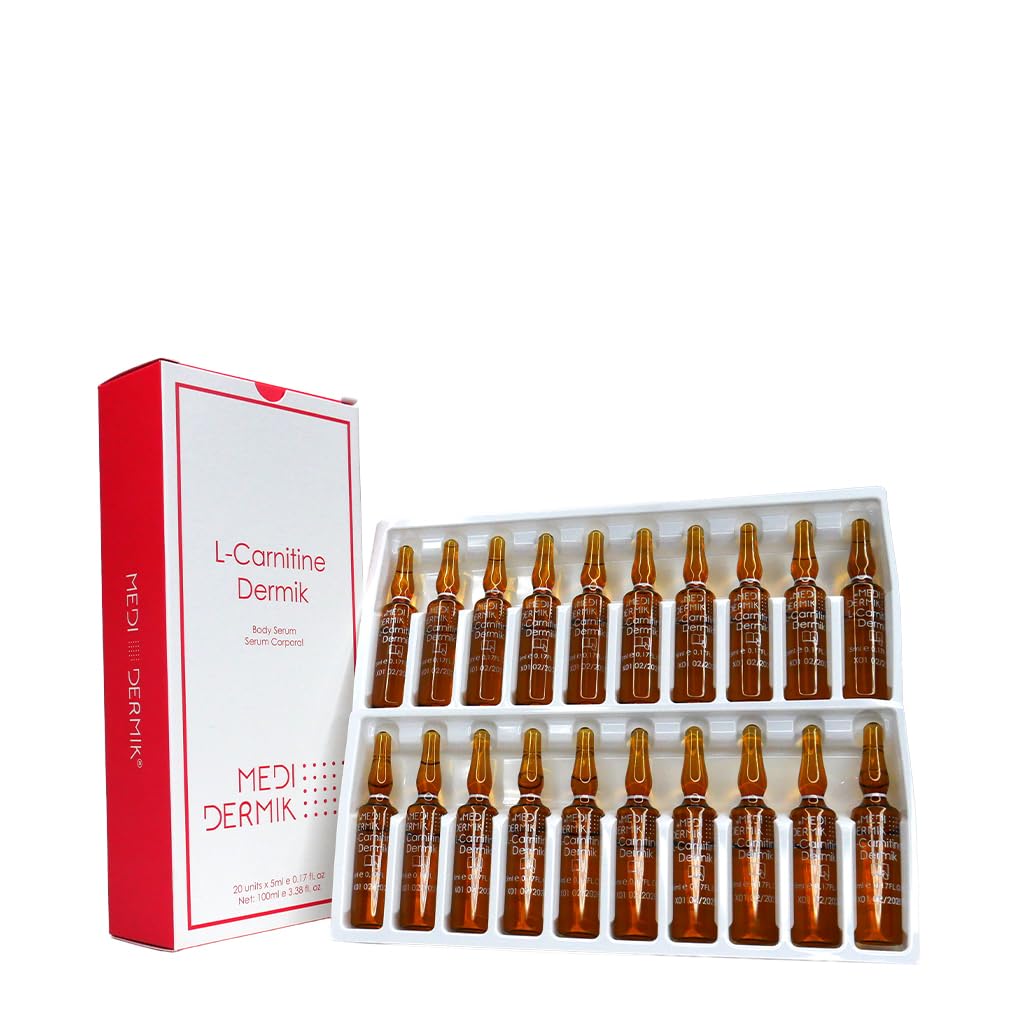 L-Carnitine Dermik 20 Ampoules x 5 ml (3.38 fl oz) fórmula dirigida diseñada para apoyar el metabolismo de las grasas y mejorar la apariencia de la piel en áreas propensas a la celulitis y la pérdida de firmeza.