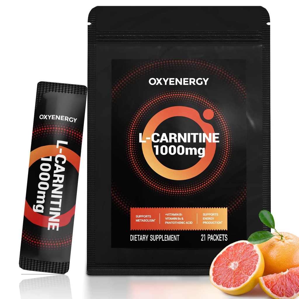OxyEnergy Liquid L-Carnitine Supplement 1000mg - Gentle for Daily Use, Zero Calorie, Sugar-Free, Stim-Free Fat Burning &amp; Endurance Booster, 21 On-the-Go Individual Liquid Sticks