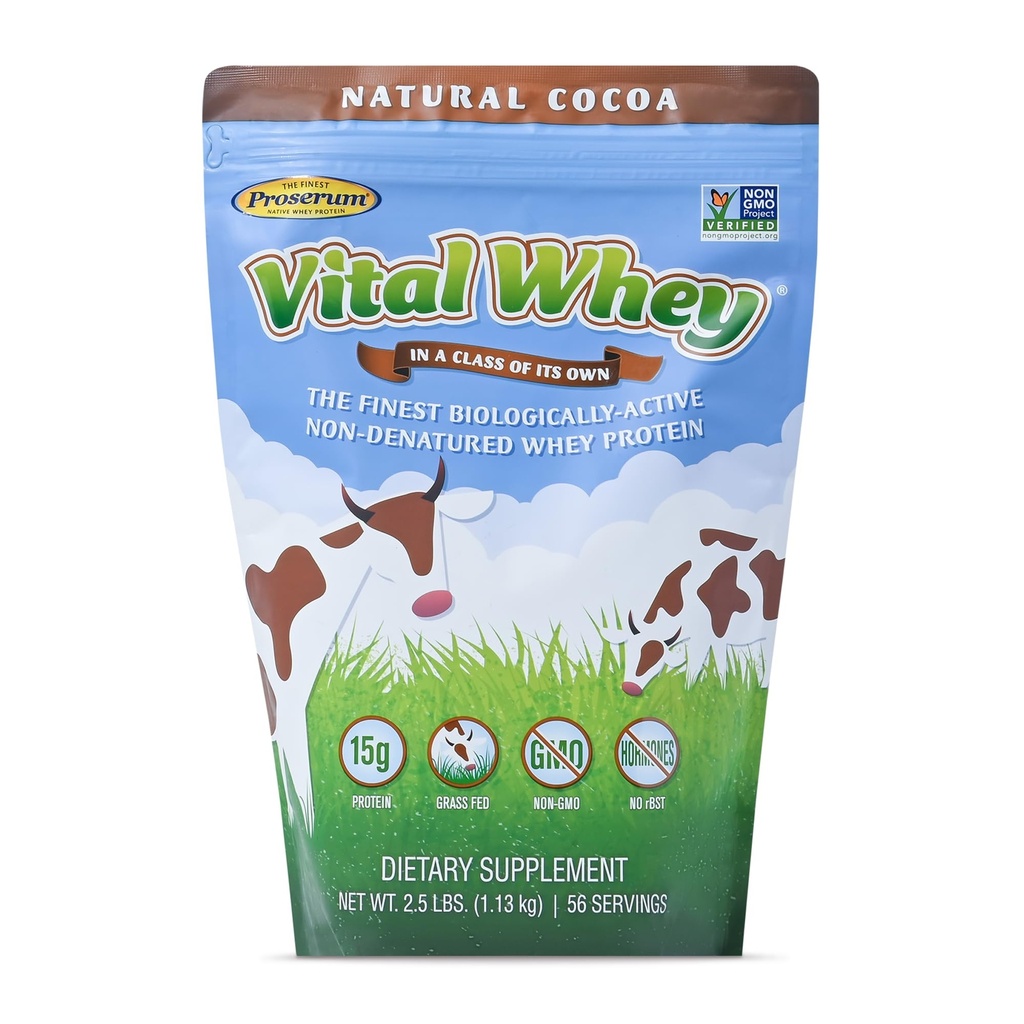 Polvo de proteína de grano para la vitalidad inmune, Cocoa natural 2.5lbs (56 Servings), 15g Protein Per Serve, Vital Whey, Holístico limpio, Wellness Nutrition