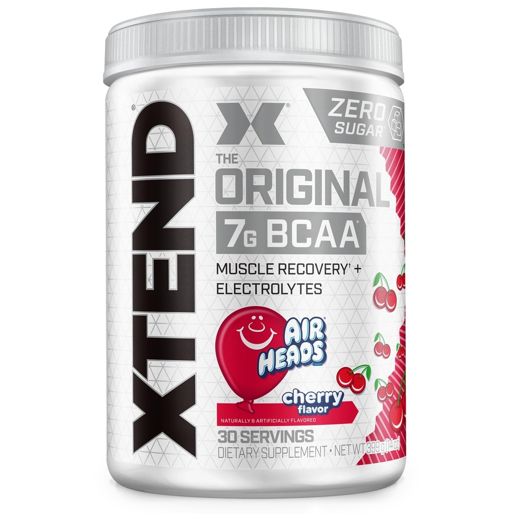 Xtend Original BCAA Powder, 7g BCAAs y 2.5g L-Glutamina para la recuperación del músculo Hidratación y el músculo magro, Sugar Free Intra and Post Workout Drink with Electrolytes, Cherry Airheads, 30 Servings