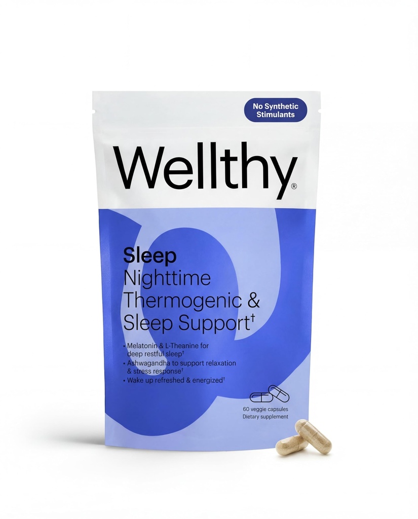 Wellthy Night Time Thermogenic - Vitamina B6, Ashwagandha & Melatonin - Thermogenic Nighttime for Women - Belly Thermogenic - Natural Weight Loss Supplements for Women, 60ct