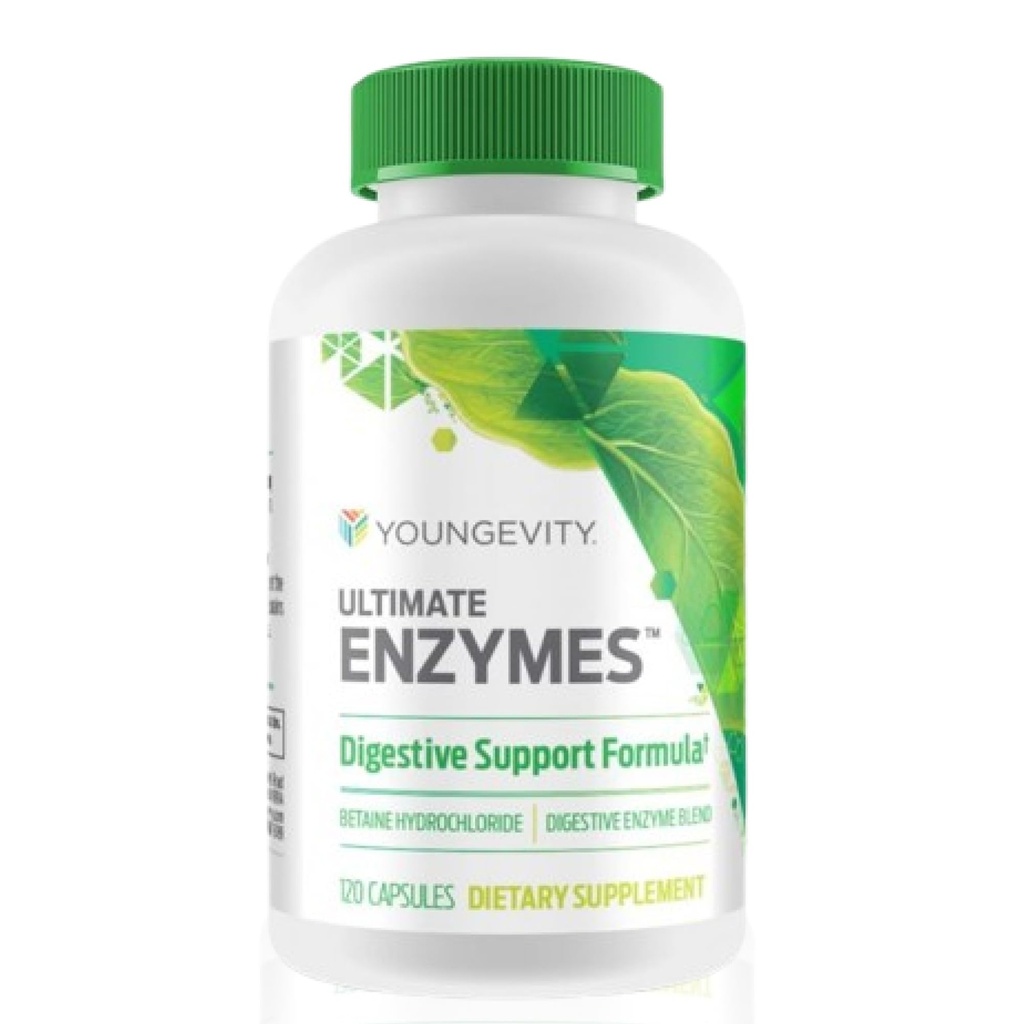Youngevity Ultimate Enzymes® - Multi Enzymes for Digestion, Gas &amp; Bloating Relief - Betaine HCl, Ox Bile, Pancreatine 10X, Papain 6M, Pepsin 1:3000 (120 cápsulas)