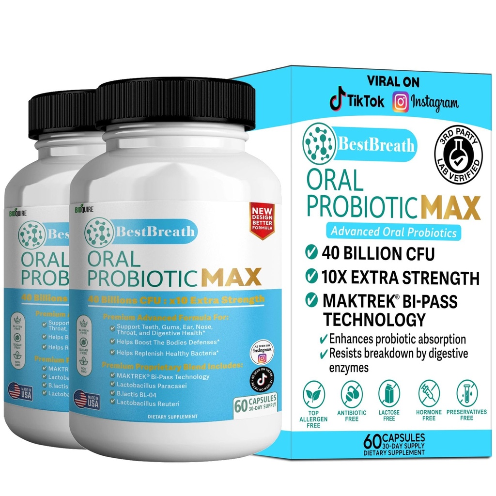 BestBreath Oral Probiotic MAX - 40 Billion CFU - Soporte para dientes, gomas, oído, nariz, garganta &amp; salud digestiva - 60 cápsulas (2)