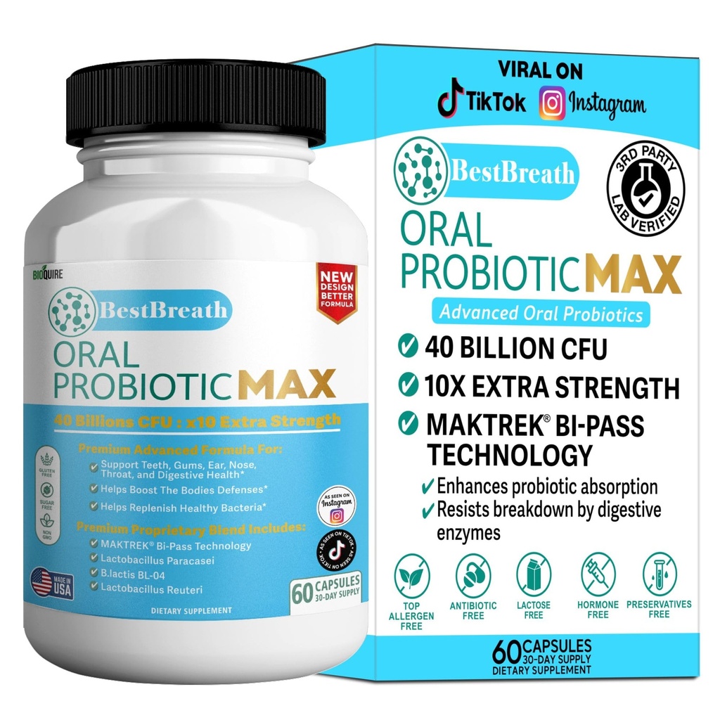 BestBreath Oral Probiotic MAX - 40 Billion CFU - Soporte para dientes, gomas, oído, nariz, garganta &amp; salud digestiva - 60 cápsulas (1)