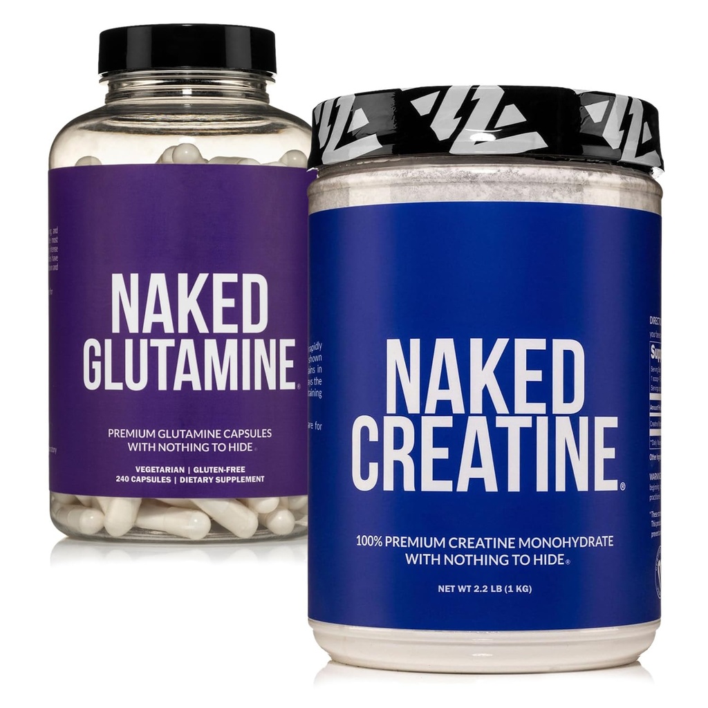 Monohidratos de crema micronizada puros NAKED 200 Serviciones + Pura L-Glutamina 240 cápsulas Bundle: Vegan, No-GMO, Gluten Gratis. Minimizar Desglose muscular &amp; Mejorar la síntesis de proteínas. Nada artificial