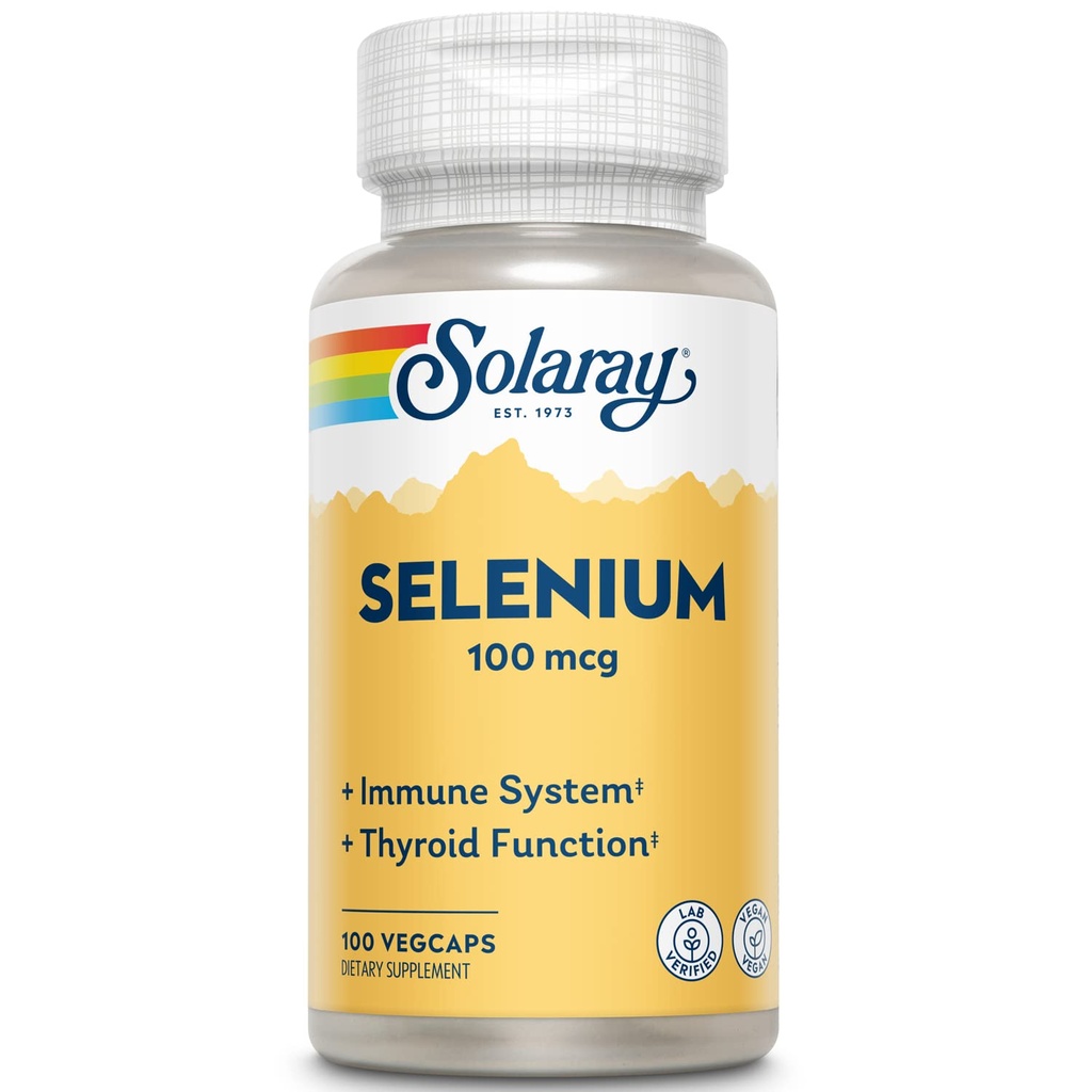Solaray Selenium 100 mcg, Sistema Inmunitario Saludable, Función Tiroidea y Soporte Antioxidante, Vegan, Laboratorio Verificado, 60 días garantizados, 100 Servimientos, 100 VegCaps